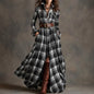 Ins Plaid Print Long-Sleeved Dress Fashion Pockets Collared Buttons Shirt Long Dresses Retro Women's Clothing