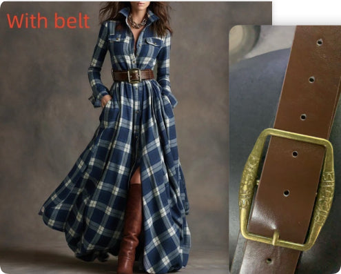 Ins Plaid Print Long-Sleeved Dress Fashion Pockets Collared Buttons Shirt Long Dresses Retro Women's Clothing