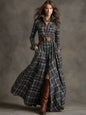 Ins Plaid Print Long-Sleeved Dress Fashion Pockets Collared Buttons Shirt Long Dresses Retro Women's Clothing