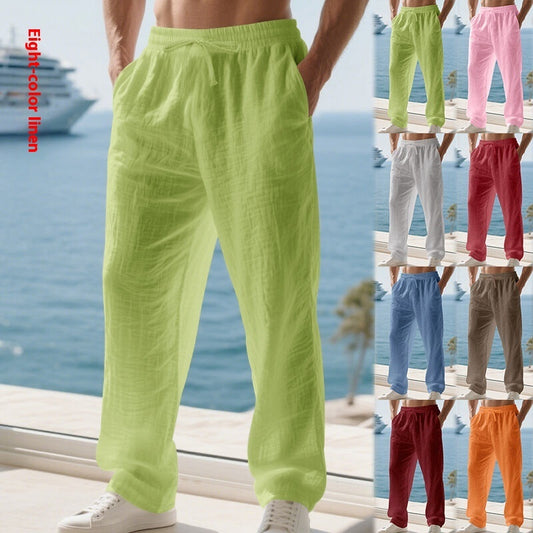 Linen Solid Color American Autumn Weiyi Casual Men's Loose Plus Size Wide Legs Beach Trousers Men