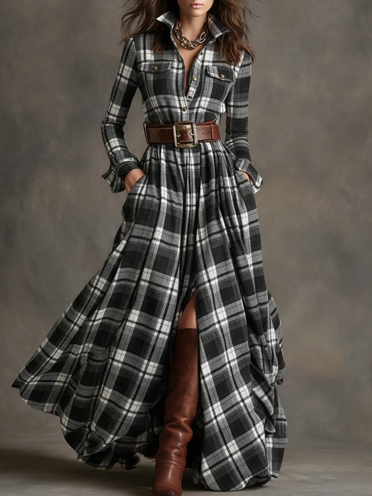 Ins Plaid Print Long-Sleeved Dress Fashion Pockets Collared Buttons Shirt Long Dresses Retro Women's Clothing