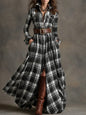 Ins Plaid Print Long-Sleeved Dress Fashion Pockets Collared Buttons Shirt Long Dresses Retro Women's Clothing