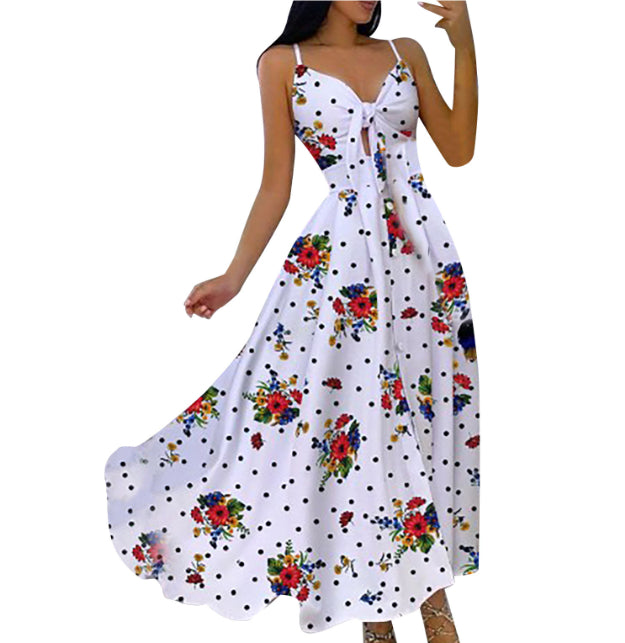 New V-Neck Lace-Up Waist Full-Length Floral Sexy Sling Dress Long Skirt Women